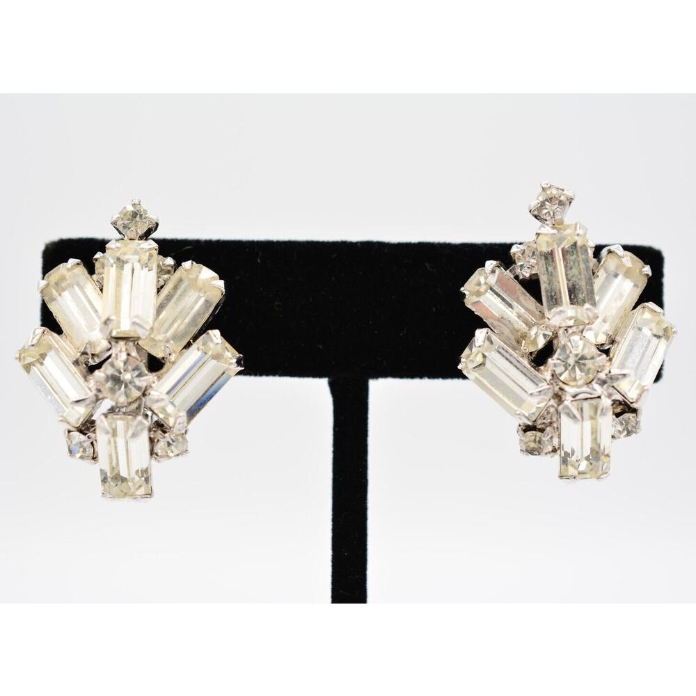 Vintage Crystal Clip On Earrings Baguette Rhinestone Crystal Chunky 1980s BinAG